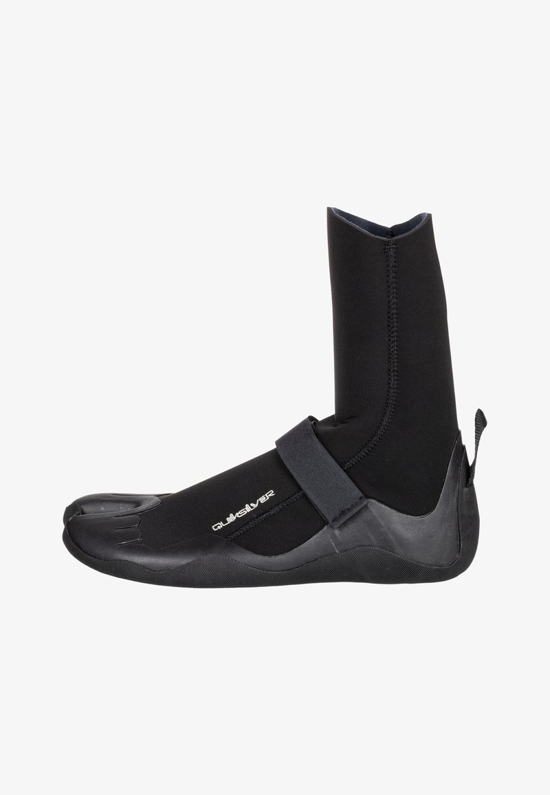 Black wetsuit boot with a textured rubber sole, foot-shaped design, and ankle strap. Made from neoprene for flexibility and warmth.