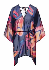 Sheer kimono-style cover-up in navy with vibrant floral patterns in pink, orange, and blue. V-neck, short sleeves, and belted waist.