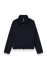 Laivastonsininen ribattu neuletakki, jossa on korkea kaulus, edessä vetoketju ja kaksi sivutaskua. Vasemmassa hihassa on logopatch, teksturoitu kangas.