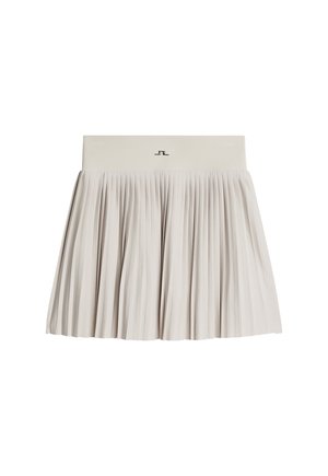 Gonna plissettata in tessuto grigio chiaro con vita liscia e un piccolo logo. Presenta un aspetto fluido e testurizzato.