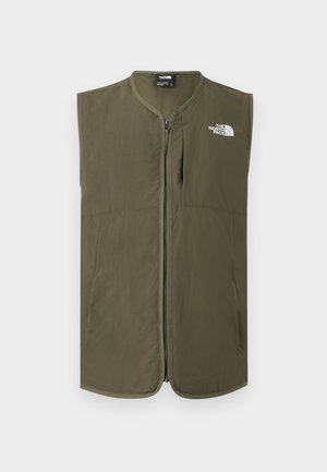 Αμάνικο γιλέκο σε ελιά πράσινο με φερμουάρ, στρογγυλή λαιμόκοψη και λευκό λογότυπο The North Face στο πάνω αριστερό μέρος του στήθους.