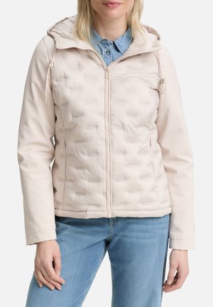 Hellrosa Steppjacke mit weichem Außenmaterial, Reißverschluss vorne, verstellbarer Kapuze und gerippten Bündchen. Steppstruktur mit schlankem Schnitt.