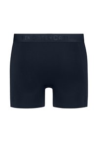 Shorts de bain bleu marine avec une texture lisse et une bande élastique affichant le nom de la marque "TEN CATE" en relief de couleur assortie.
