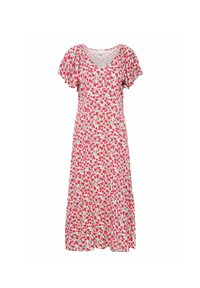 Floral dress featuring a V-neck, short flutter sleeves, and a flowing design, with a pattern of red and green flowers on a light background.