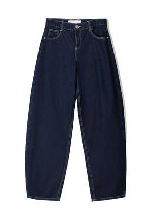 Dark blue denim wide-leg pants feature a high waist, front pockets, and contrasting stitching. The fabric has a smooth texture and structured shape.