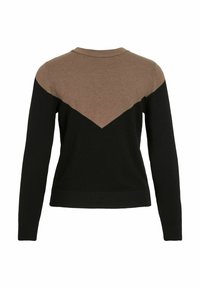 Pull noir et marron à manches longues, col rond, et motif en chevrons dans des couleurs contrastées au dos. Texture en tricot doux.