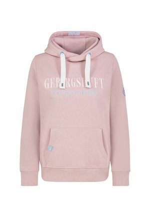Light pink hooded sweatshirt with white drawstrings, front pocket, and white and blue cursive text "Gebirgstift Bergverliebt" on front.
