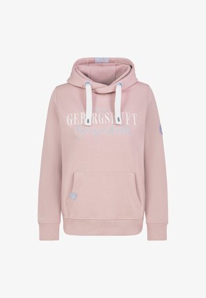 Light pink hooded sweatshirt with white drawstrings, front pocket, and white and blue cursive text "Gebirgstift Bergverliebt" on front.