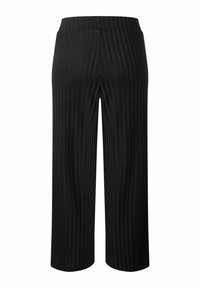Black, ribbed wide-leg trousers with a smooth texture. Features an elastic waistband and straight hems, designed for a relaxed fit.