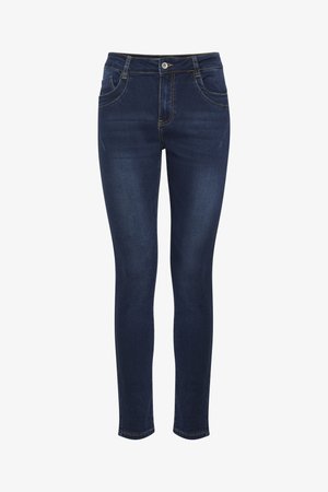 Sötétkék denim anyagú, karcsú szabású farmernadrág sima textúrával. Öt zsebbel rendelkezik, és arany szálakkal van varrva az varratok mentén. Hagyományos cipzáros és gombos záródás.