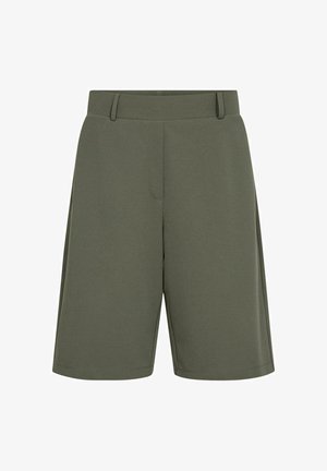 Žali šortai, pagaminti iš lygios medžiagos, pritaikyti tinkamai, iki kelių, su priekinėmis kišenėmis ir plokščiu juosmens dizainu.