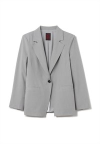 Grijze op maat gemaakte blazer met notch-revers, enkele knoopsluiting, twee voorkragen en een gladde textuur. Gevoerde binnenkant zichtbaar.