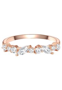 Prsten od rose zlata s više jasnih, okruglih i marquise rezanih kubnih cirkona postavljenih u obliku valova duž opsega prstena.