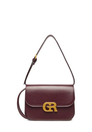 Borsa a tracolla in pelle viola scuro con tracolla regolabile e chiusura a scatto con logo "GR" in tonalità oro sulla patta frontale.