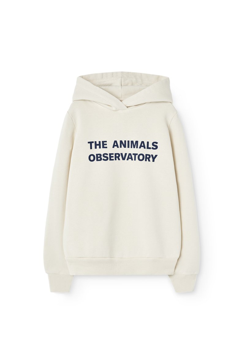 Krämfärgad hoodie med en stor marinblå tryck som säger "THE ANIMALS OBSERVATORY," med en dragsko i huvan och ribbad mudd.