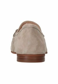 Beige Wildleder Slipper mit glatter Textur, abgerundetem Zehenbereich und niedrigem Holzabsatz, entworfen für Komfort. Keine sichtbaren Verzierungen.