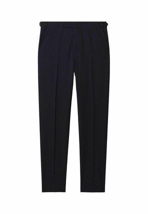 Pantaloni bleumarin închis dintr-un material neted, cu croială adaptată, două buzunare frontale și design cu dublă pliură și nasturi ca accente.