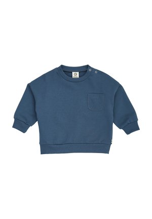 Maglietta a maniche lunghe blu scuro per bambino piccolo con collo rotondo, taschino sul petto, polsini e orlo a coste e due bottoni automatici sulla spalla.