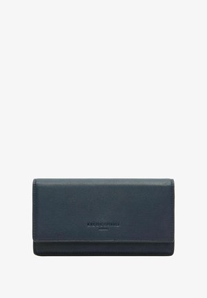 Marineblaues Lederportemonnaie mit strukturierter Oberfläche, Druckknopfverschluss und eingeprägtem Markenlogo auf der Vorderseite. Rechteckige Form, kompakte Gestaltung.