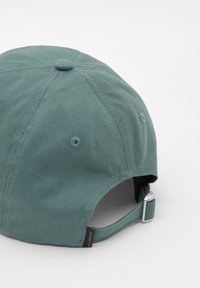 Green cotton baseball cap featuring a curved brim, six-panel design, and an adjustable strap with a silver metal buckle at the back.