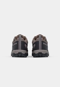Pair of Salomon hiking shoes with a dark gray mesh upper, beige accents, and a rugged black outsole. Features a padded collar and heel tab.