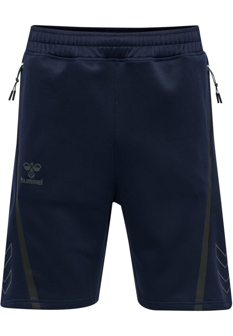 Shorts de sport bleu marine avec une taille élastique, poches latérales zippées et rayures diagonales contrastées arborant un logo à l'avant.