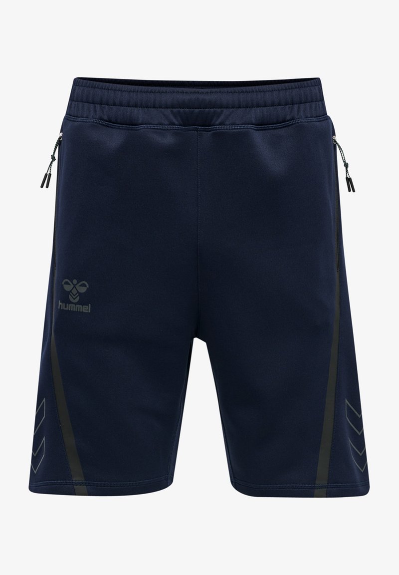 Shorts de sport bleu marine avec une taille élastique, poches latérales zippées et rayures diagonales contrastées arborant un logo à l'avant.