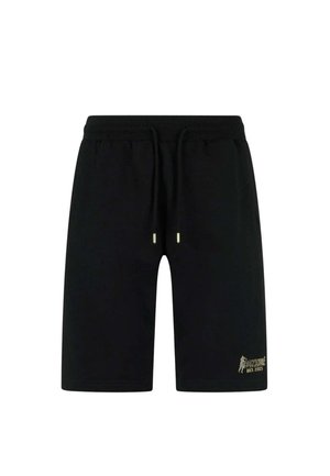 Pantaloncini neri al ginocchio con vita elasticizzata, coulisse, tasche laterali e piccolo logo dorato sulla gamba sinistra vicino all'orlo.