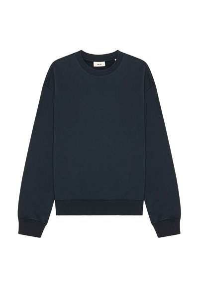 Navy blue crewneck sweatshirt with long sleeves and ribbed cuffs and hem, laid flat on a white background.