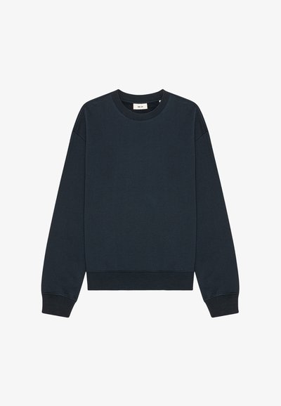 Navy blue crewneck sweatshirt with long sleeves and ribbed cuffs and hem, laid flat on a white background.