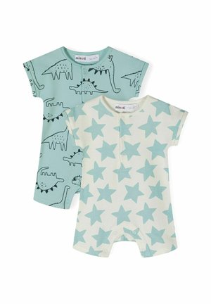Dos bodies para bebé: uno de color azul claro con estampado de dinosaurios y otro de color crema con estrellas turquesas. Material de algodón suave, mangas cortas y cierres a presión.