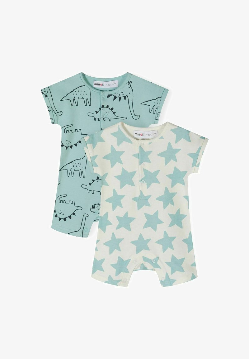 Two baby bodysuits: one light blue with dinosaur prints, the other cream with turquoise stars. Soft cotton material, short sleeves, snap closures.