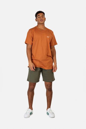 Orange cotton t-shirt with short sleeves and a crew neck. Paired with green shorts. Sneakers feature white base with green stripes.