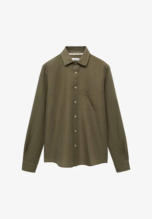 Maslinasto zeleni dukserica dugih rukava, izrađena od mekog materijala, dugmad s prednje strane, ovratnik i jedna džep na grudima s opuštenim krojem.