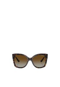 Occhiali da sole a forma di occhio di gatto con motivo tartarugato marrone, lenti marroni sfumate e dettagli neri sulle braccia.