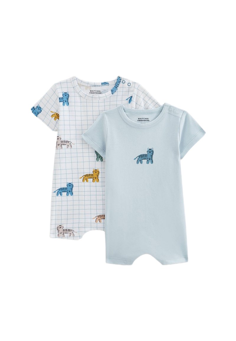Deux bodies à manches courtes : un blanc avec un motif de grille et des tigres colorés ; l'autre bleu clair avec un unique motif de tigre. En matériau de coton.