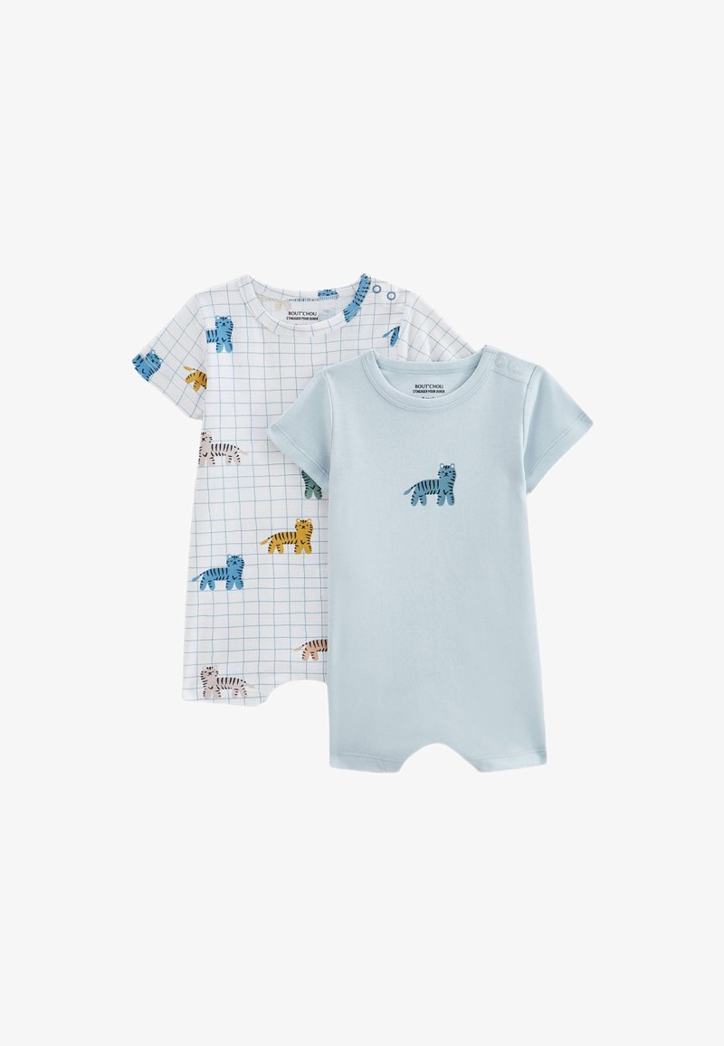Deux bodies à manches courtes : un blanc avec un motif de grille et des tigres colorés ; l'autre bleu clair avec un unique motif de tigre. En matériau de coton.