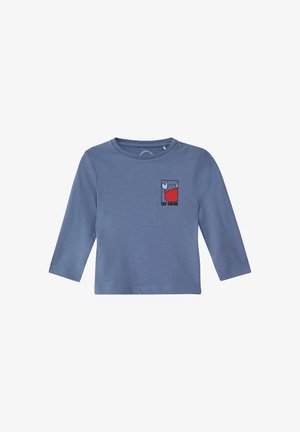 Blue long-sleeve baby shirt with snap buttons on shoulder and a small red crab graphic on the left chest pocket area.