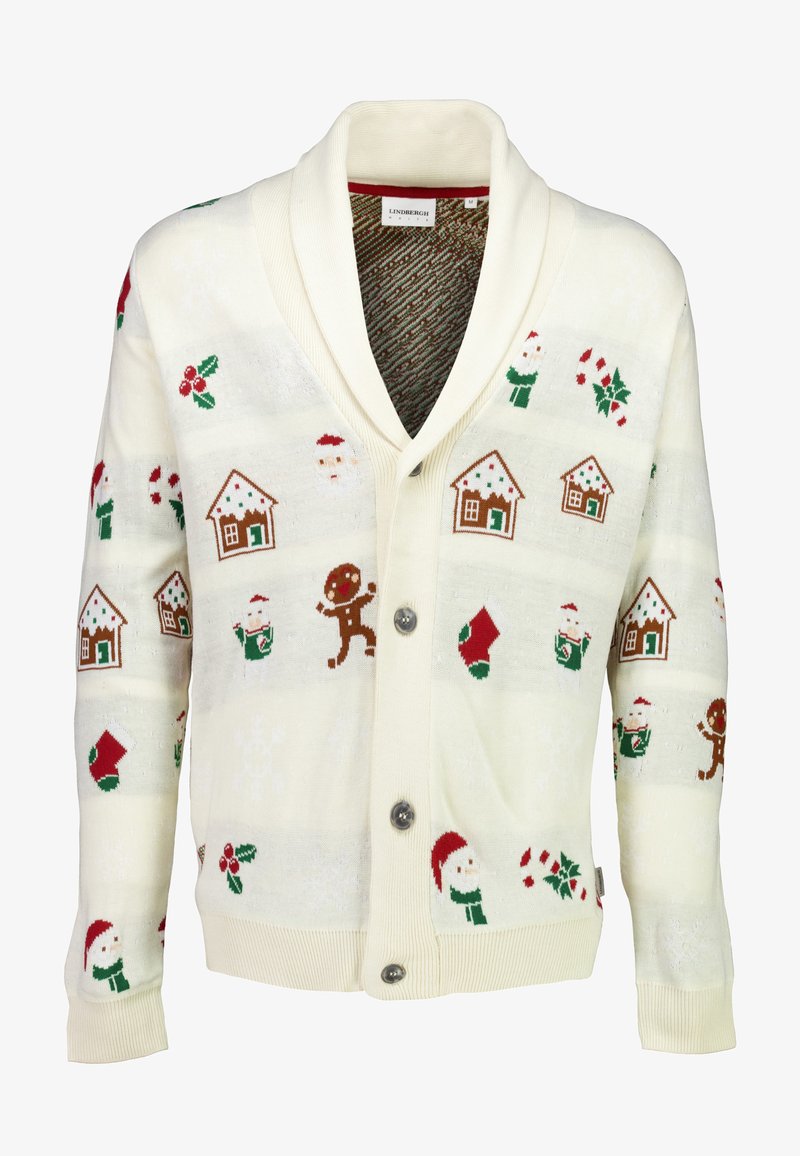 Valkoinen cardigan, jossa on huivikaulus, ja jossa on jännittäviä kuvioita piparkakkujen, joulupukin ja joulutalojen muodossa. Viisi nappia, neulottu rakenne.
