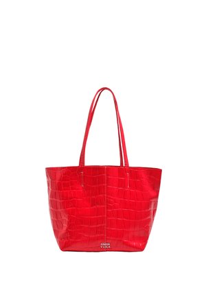 Red crocodile-texture tote bag with two handles and small silver "Bimba y Lola" logo at the bottom center.