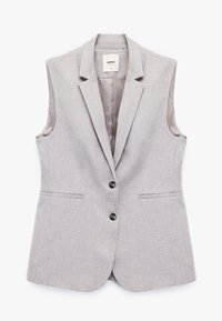 Ljust grå ärmlös blazer med två svarta knappstängningar, slagkragar och framfickor; har en slät innerfoder.
