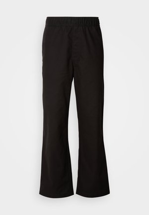 Black elastic waistband trousers with a flared shape, made of smooth cotton fabric. Features a simple design and straight leg openings.