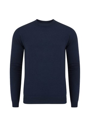 Granatowy sweter, okrągły dekolt, długie rękawy, prążkowane mankiety i dół, gładka dzianina, klasyczny krój, odpowiedni do codziennych stylizacji.