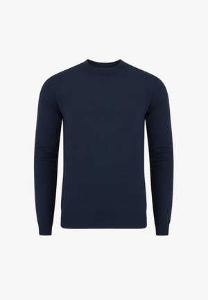 Granatowy sweter, okrągły dekolt, długie rękawy, prążkowane mankiety i dół, gładka dzianina, klasyczny krój, odpowiedni do codziennych stylizacji.
