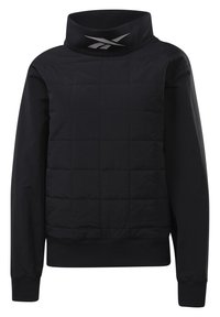 Suéter negro con cuello alto, textura acolchada en la parte delantera, puños y dobladillo acanalados, con un logotipo reflectante en el cuello.