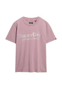 Lyserød bomulds t-shirt med korte ærmer, der har sølvglittertekst, som står "SuperDry LE MARAIS. PARIS." Rund halsudskæring og afslappet pasform.