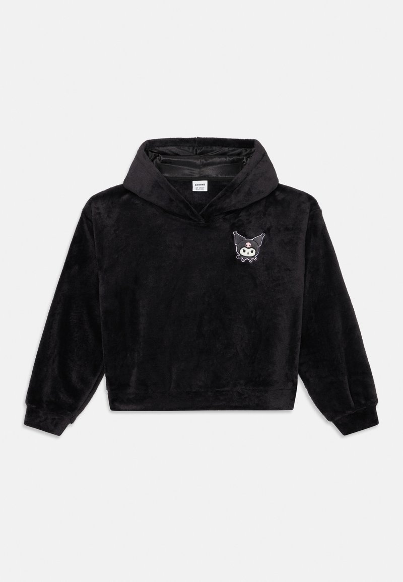 Sort fleece hættetrøje med en blød tekstur, der har et frontmotiv af et kranium med flagermusvinger på venstre brystområde.