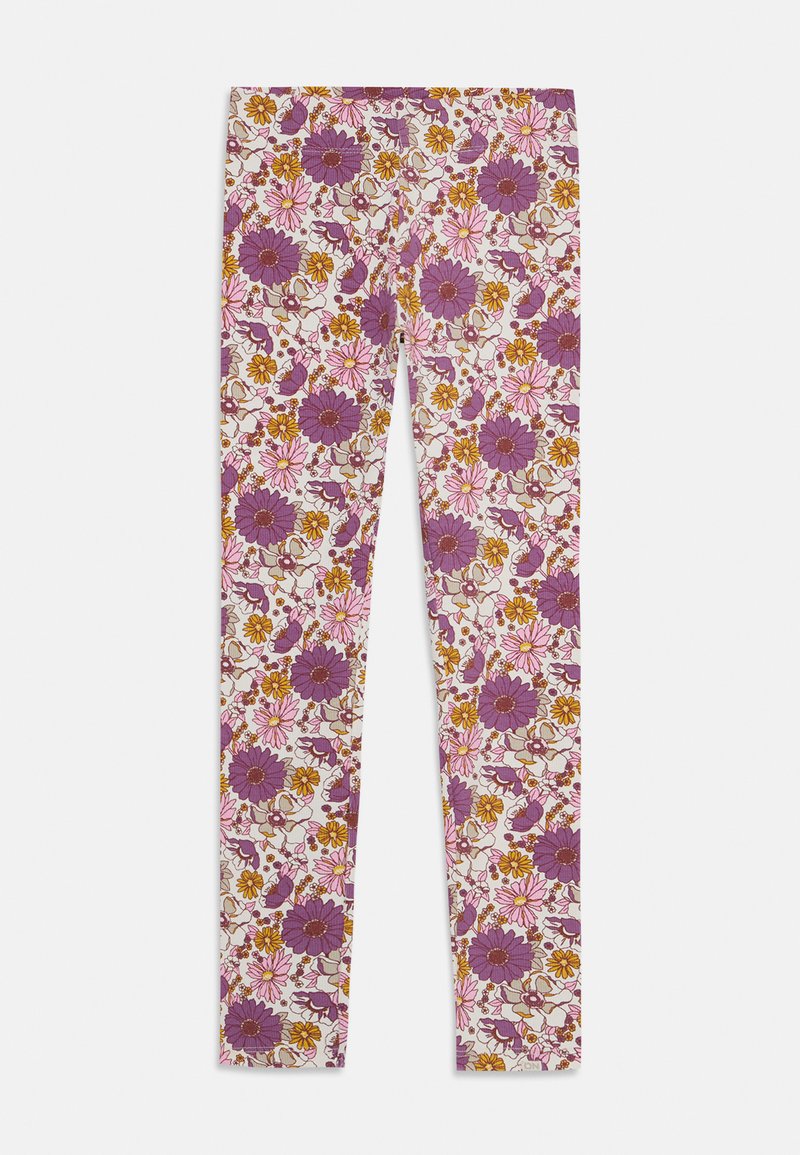 Leggings floreali con uno sfondo crema, caratterizzati da fiori viola, rosa e oro. Realizzati in un tessuto elasticizzato, presentano un design slim e aderente.