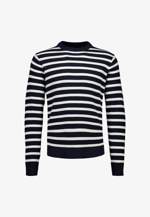 Marineblå og hvide vandrette striber på ribstrikket langærmet sweater med rund halsudskæring og tætsiddende manchetter.