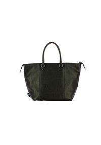Borsa a tote in pelle nera testurizzata con due manici e chiusura con zip. Presenta un design spazioso, dettagli in accenti lisci e hardware in metallo.